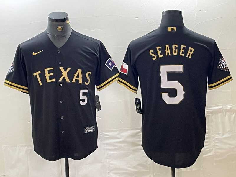 Mens Texas Rangers #5 Corey Seager Number Black Gold Cool Base Stitched Baseball Jersey